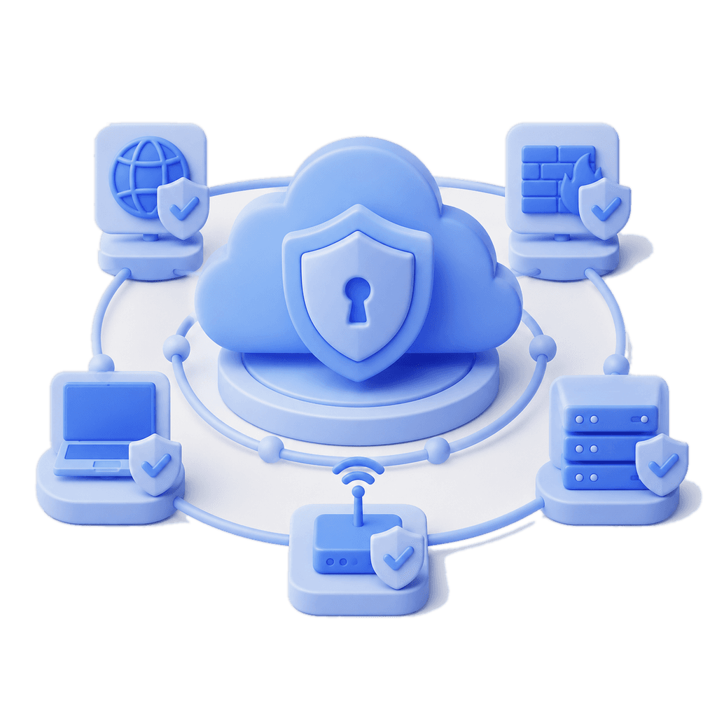 Réseau sécurisé : appareils, cloud et serveurs protégés par des boucliers